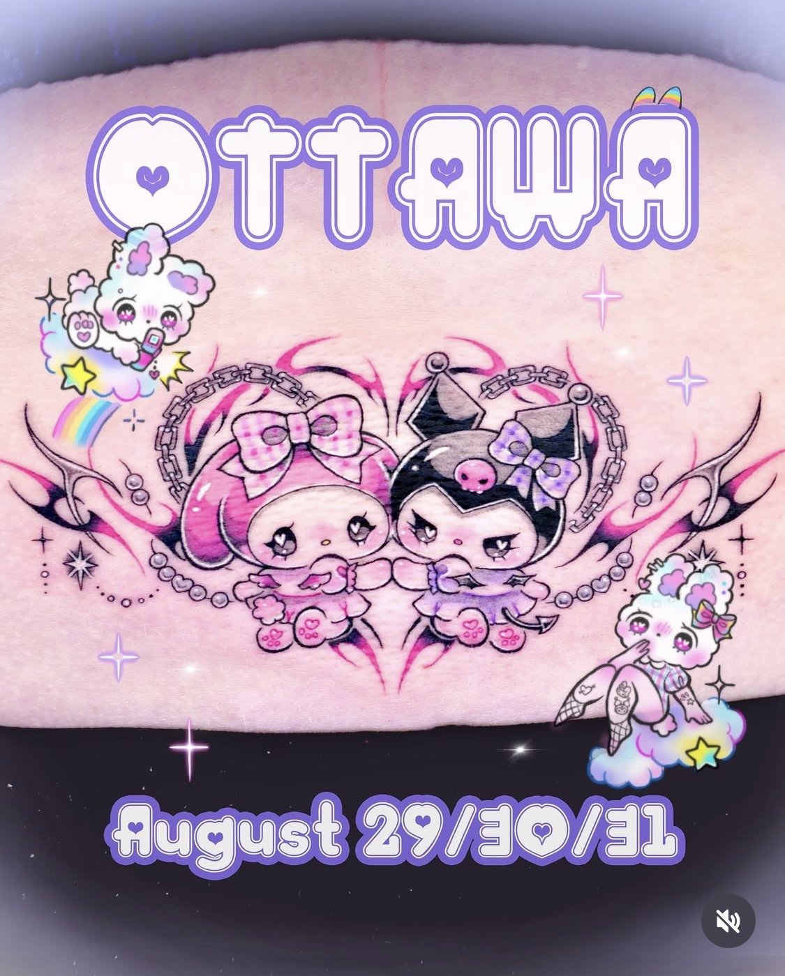 Tattoo of two cute cartoon characters with chains, bows, and wings, surrounded by colorful stars and clouds, with the word 'OUTLAW' and date 'August 29/30/19' in purple text.