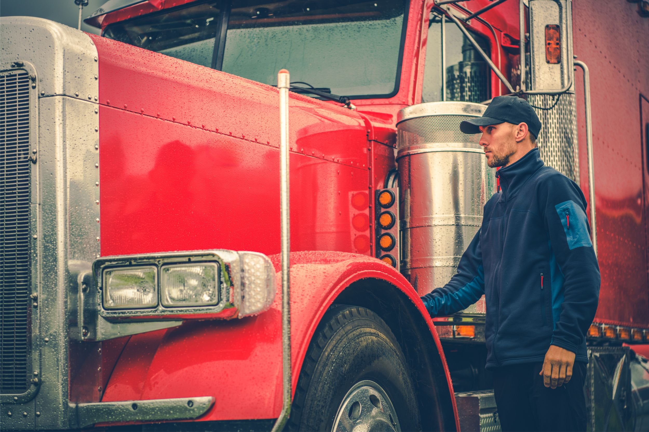 A truck driver in a blue baseball cap and blue sweater stands beside a bright red semi-truck.