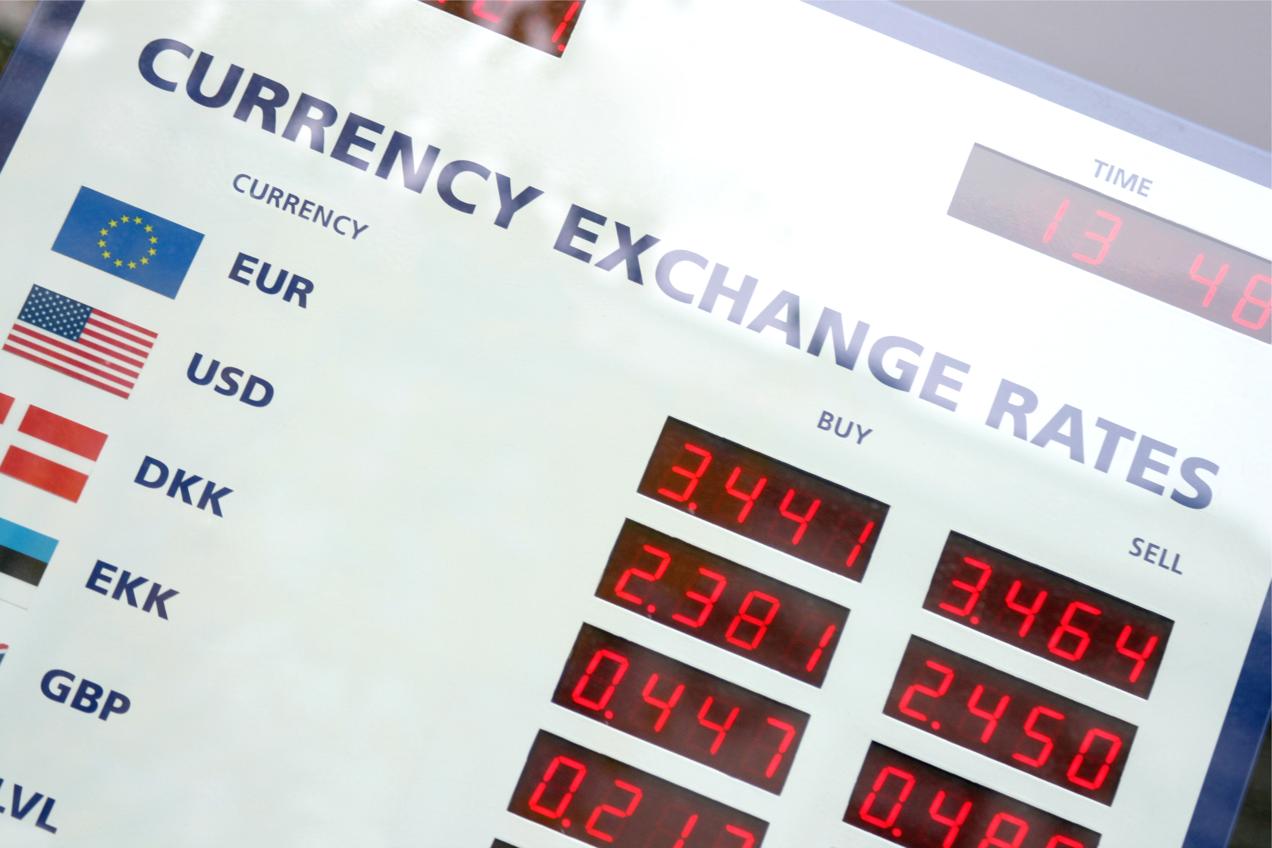 Close-up of a currency exchange rates board with rate numbers from different countries.
