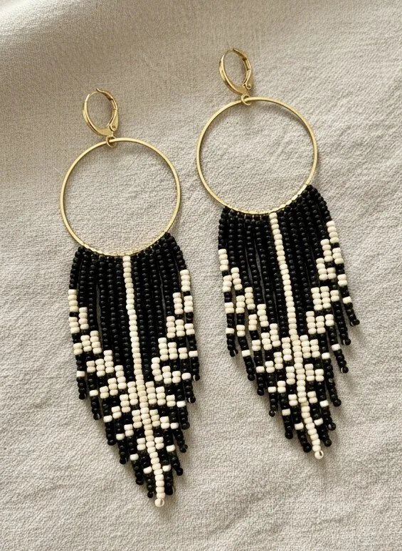 Chevron Fringe Earrings in Obsidian and Ivory