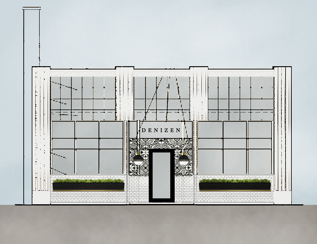 Front view of a modern building with large windows, decorative tiles around the entrance, and a sign that reads 'DENIZEN'.