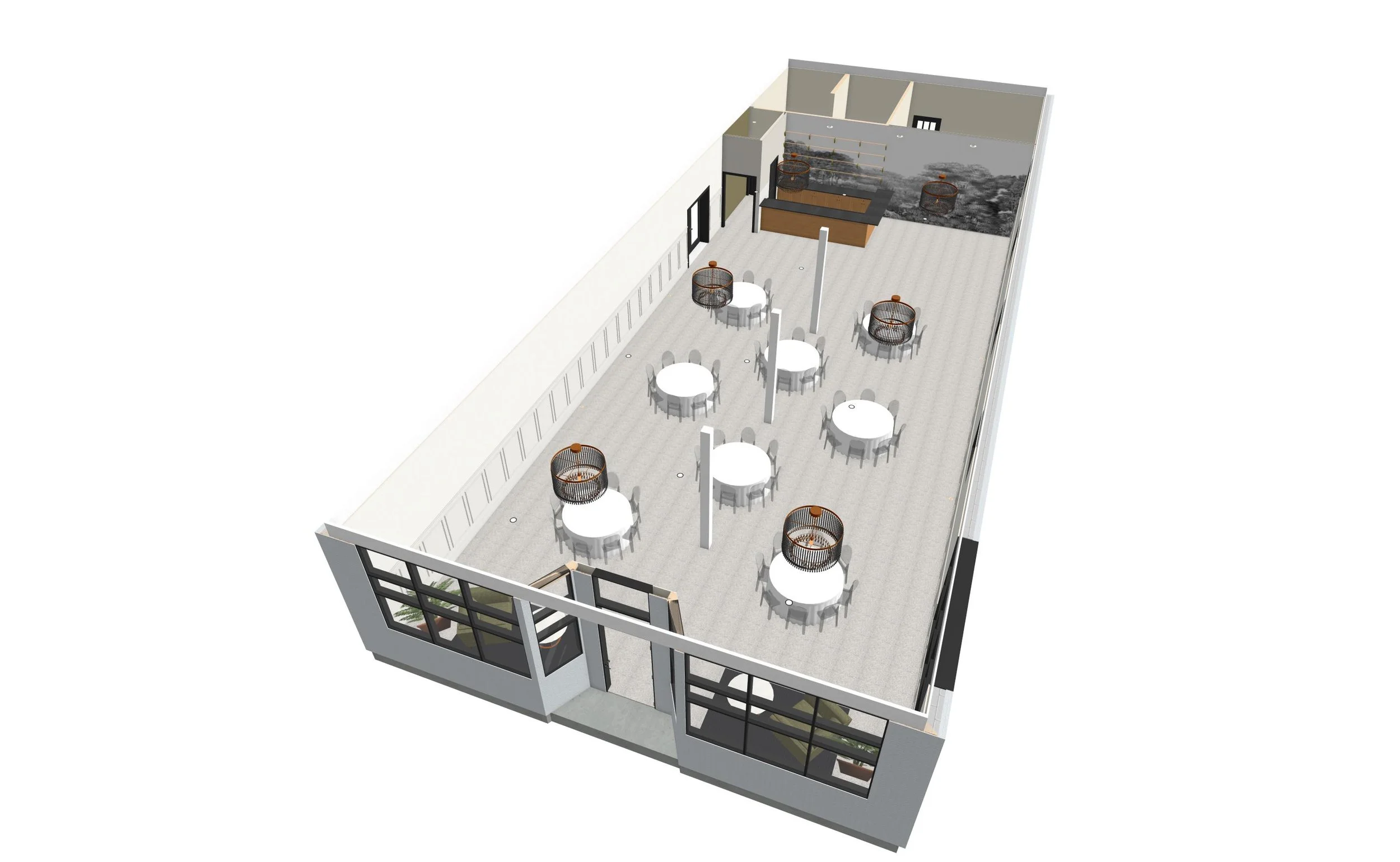 3D rendering of an indoor space with round tables, chairs, and decorative light fixtures, with a mural on the back wall and large windows.