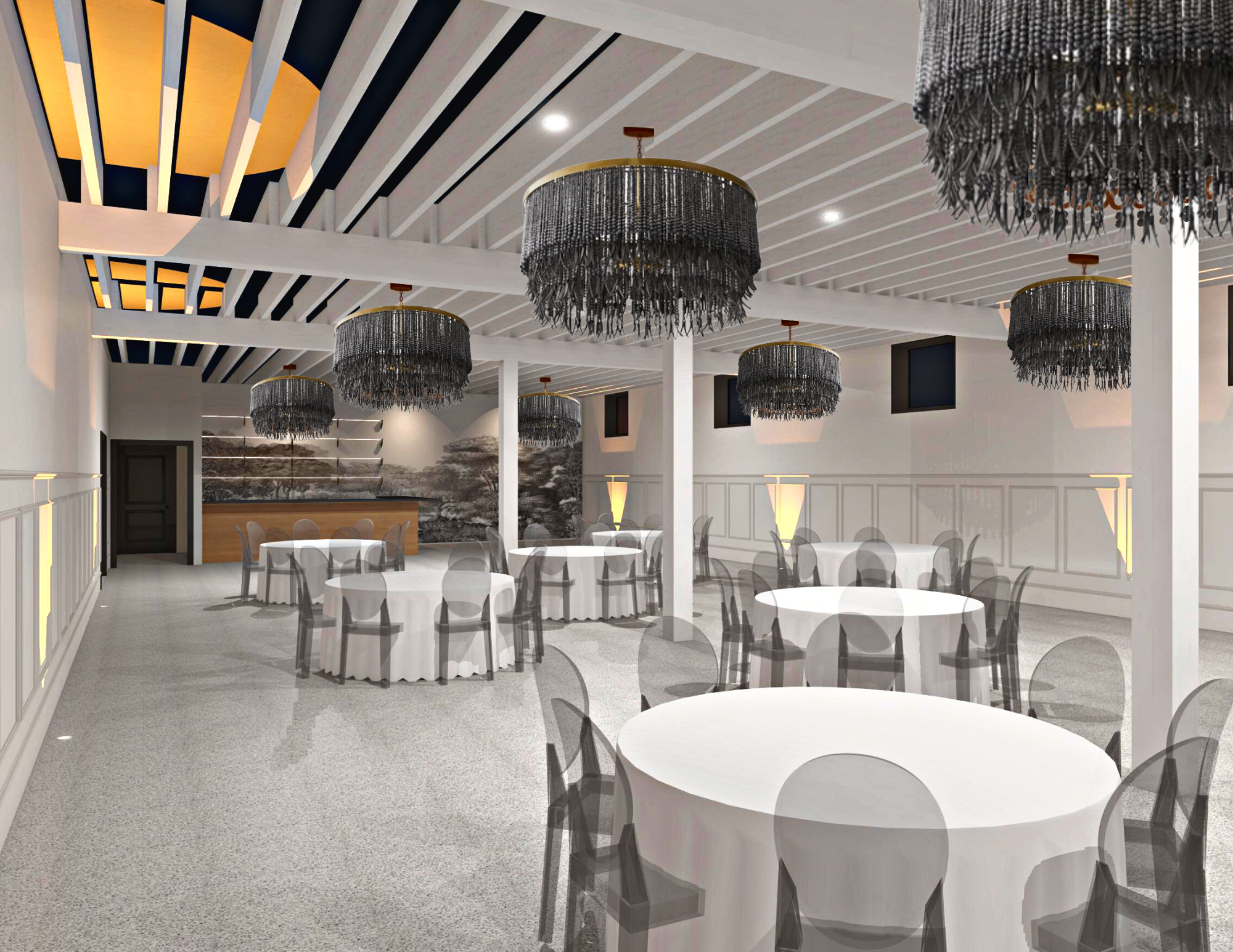 A banquet hall with round tables covered in white tablecloths and black chairs. Black chandeliers hang from the ceiling, which features white beams with black accents. The room has white walls with paneling and a large black-and-white mural of trees 