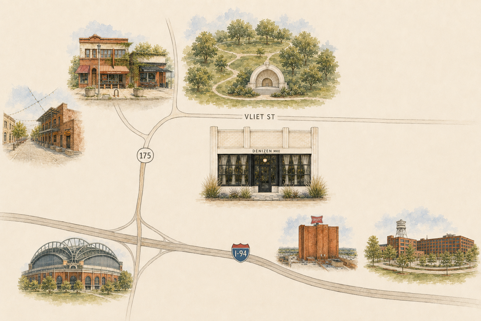 Map of local landmarks and things to do near Denizen MKE