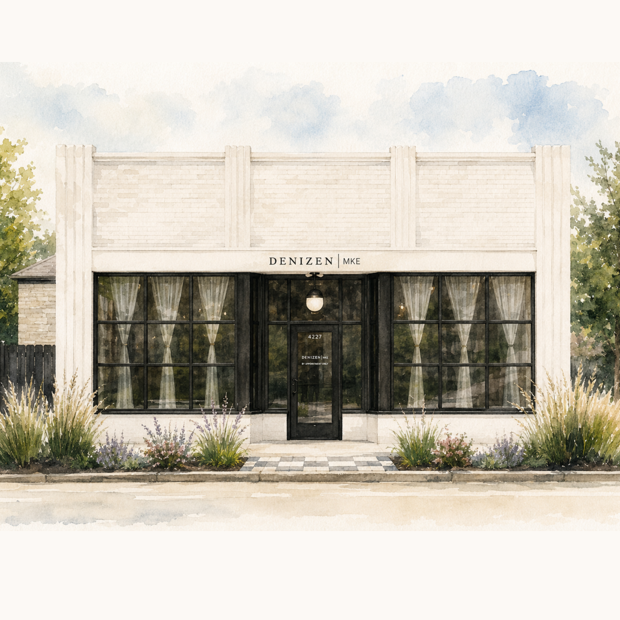Watercolor of a building with a brick facade, black door, large windows with curtains, and a sign reading "DENIZEN MKE". Surrounding the building are plants and trees, with a paved sidewalk and street in the foreground.