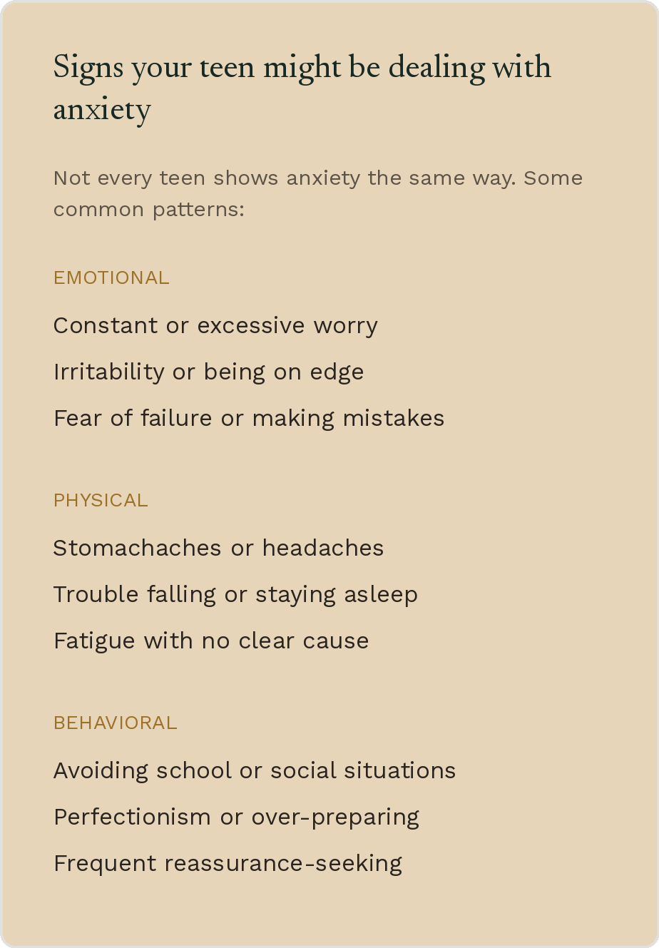 Signs indicating signs of anxiety in teenagers, including emotional, physical, and behavioral patterns.