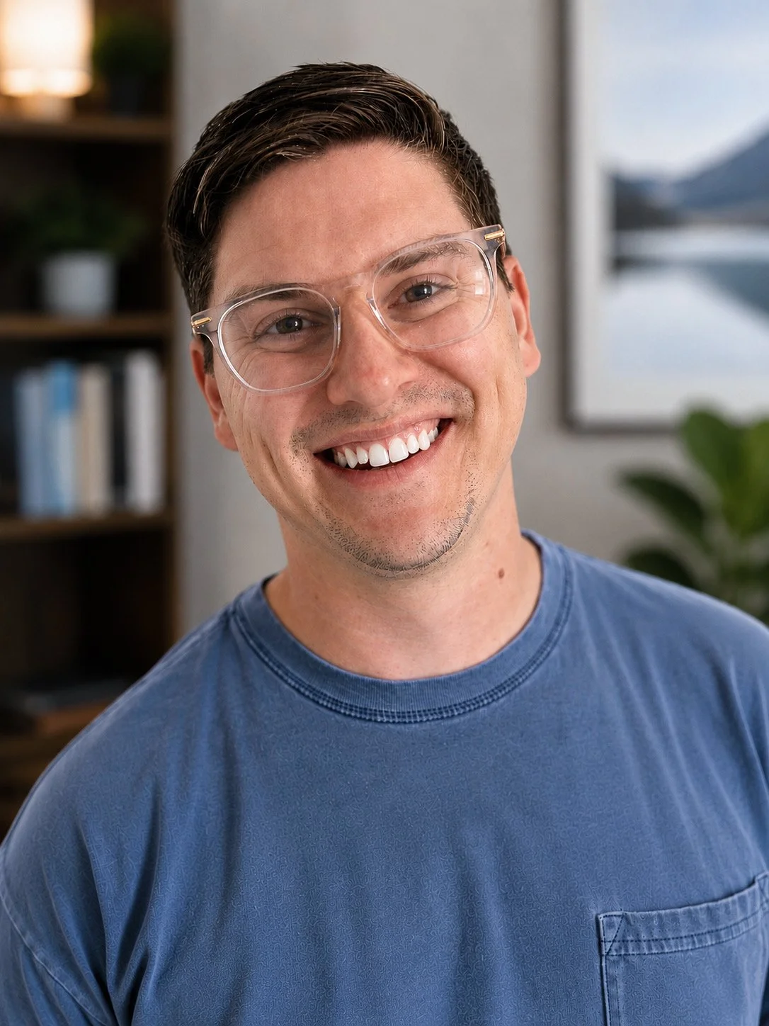 A smiling man with short brown hair, wearing glasses and a blue shirt, indoors with a bookshelf, a plant, and framed picture in the background.