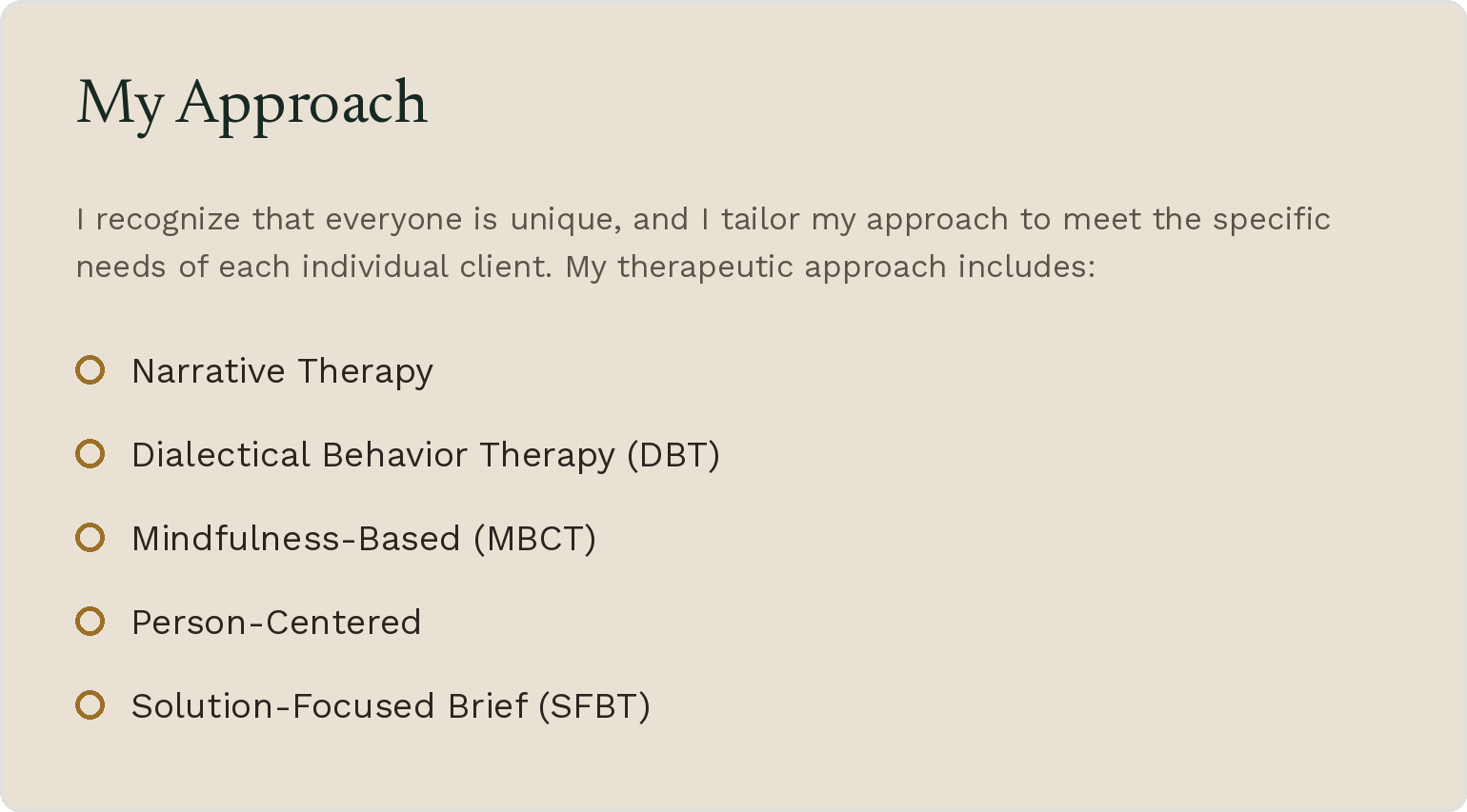 A presentation slide titled 'My Approach' with text explaining personalized therapeutic approaches including narrative therapy, dialectical behavior therapy (DBT), mindfulness-based (MBCT), person-centered, and solution-focused brief therapy (SFBT).