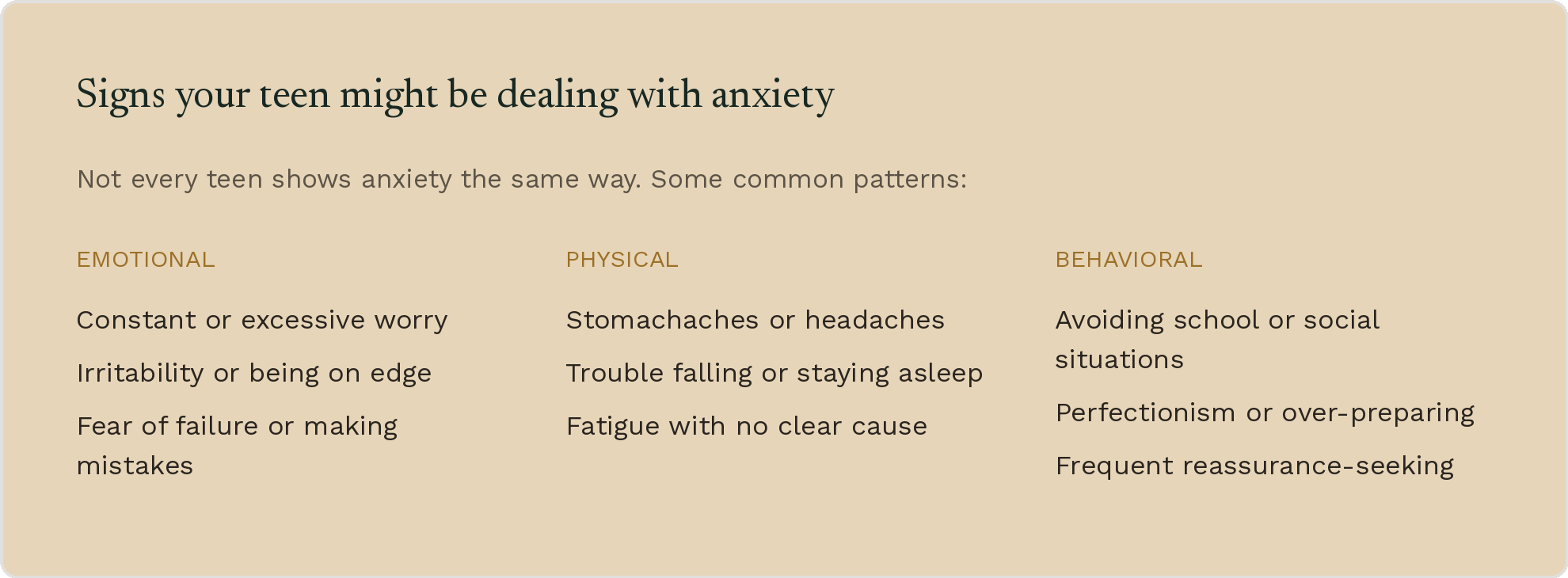 An infographic titled 'Signs your teen might be dealing with anxiety' listing common patterns in emotional, physical, and behavioral categories.
