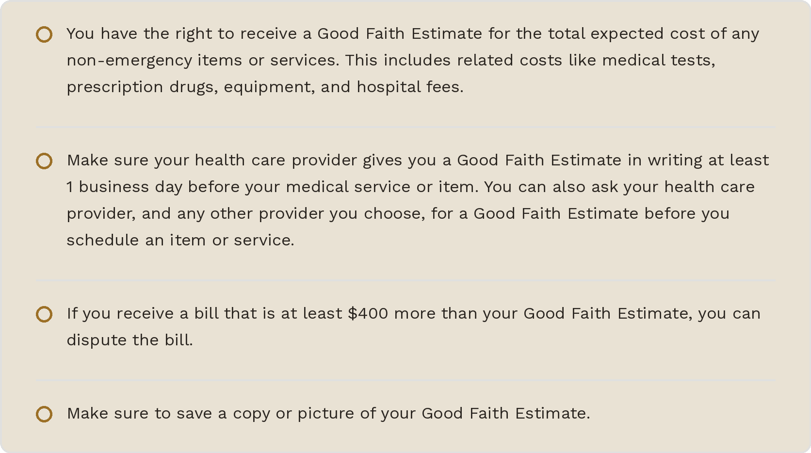 Instructions for health insurance claims and billing, including obtaining a Good Faith Estimate, disputing bills, and saving the estimate, with bullet points and horizontal lines dividing sections.