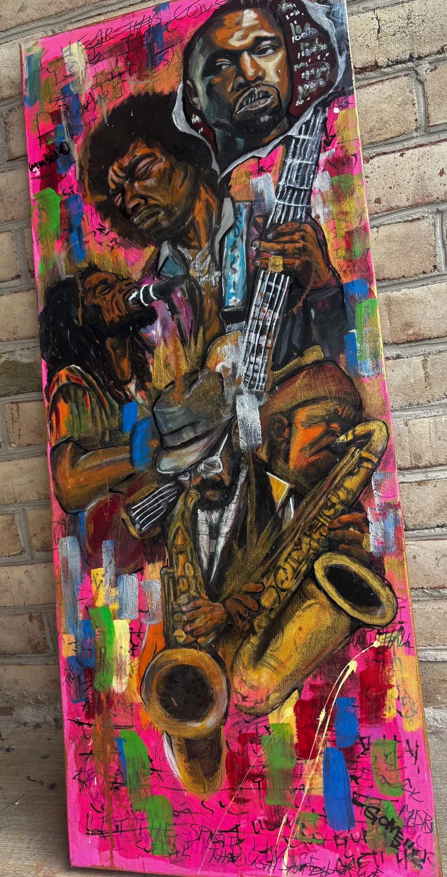 Painted mural of four jazz musicians playing instruments against a vibrant pink, orange, and multicolored abstract background.