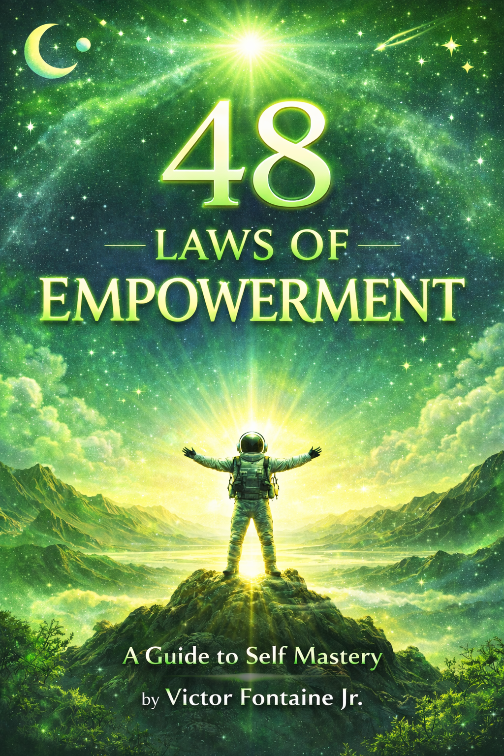 Book cover titled '48 Laws of Empowerment' by Victor Fontaine Jr., with a space-themed background featuring stars, a crescent moon, a bright star, and an astronaut standing on a mountain with arms outstretched, glowing in green and yellow hues.
