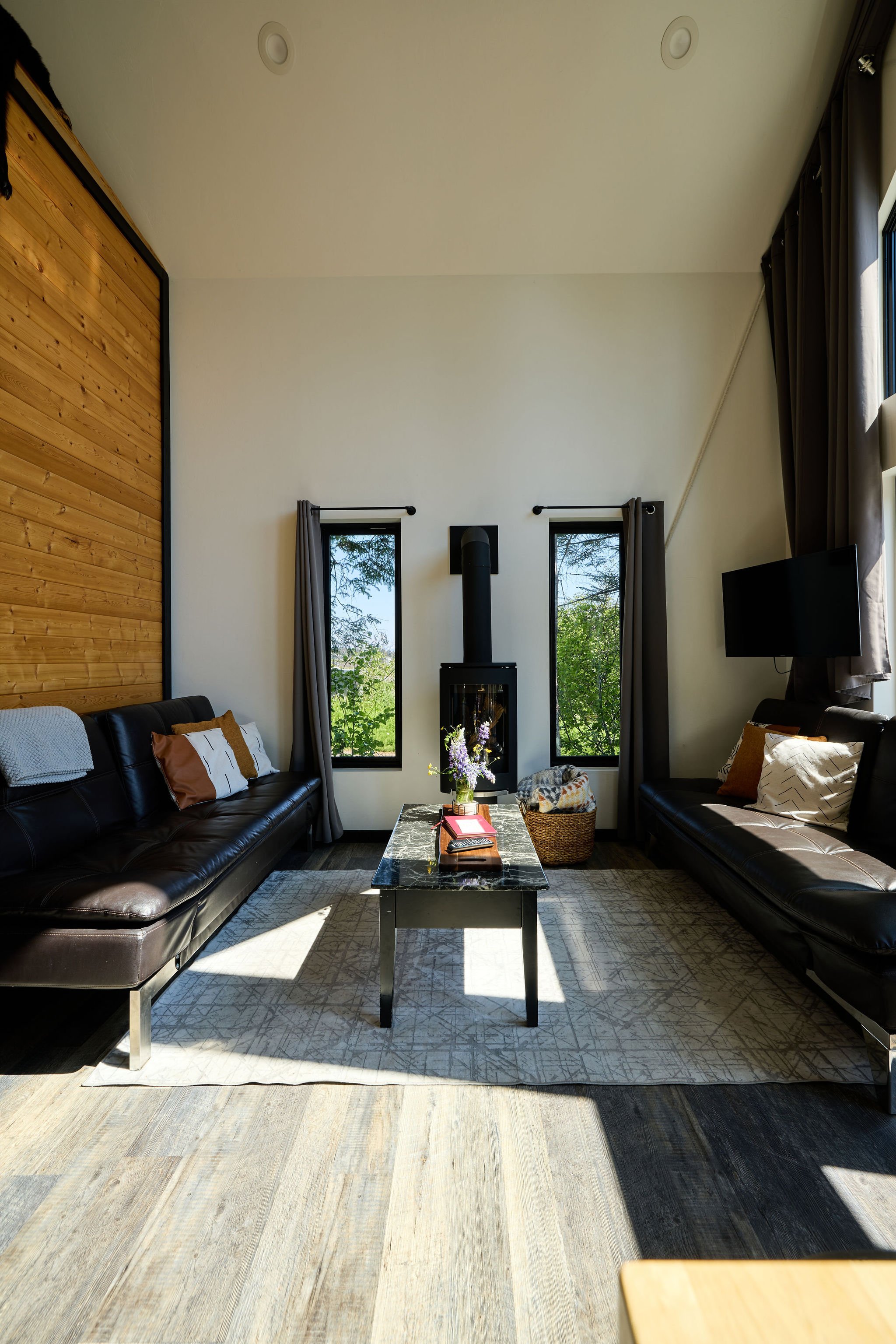 Spacious living room with two futon couches