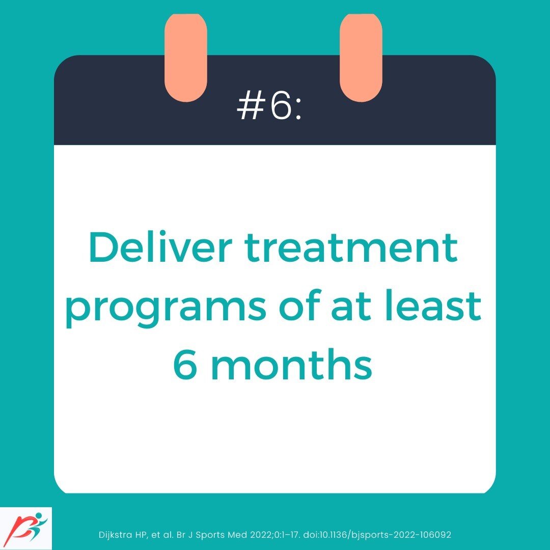 #6 of 7 critical elements of effective physiotherapy/rehabilitation for patients with FAI syndrome from the Oxford Consensus on primary CAM morphology and FAI syndrome:

deliver &lsquo;treatment programmes&rsquo;
of &lsquo;at least 6 months in durati