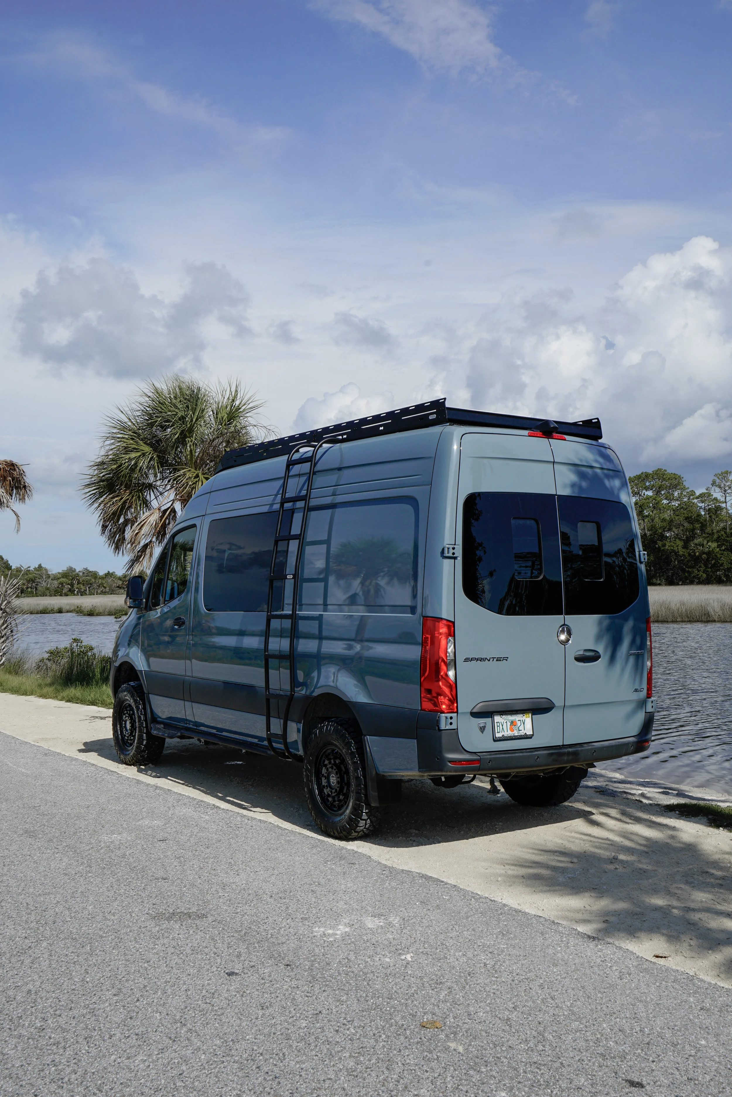 A gray van parked beside a water body, with a ladder on the side, a rack on top, and palm trees in the background under a partly cloudy sky.