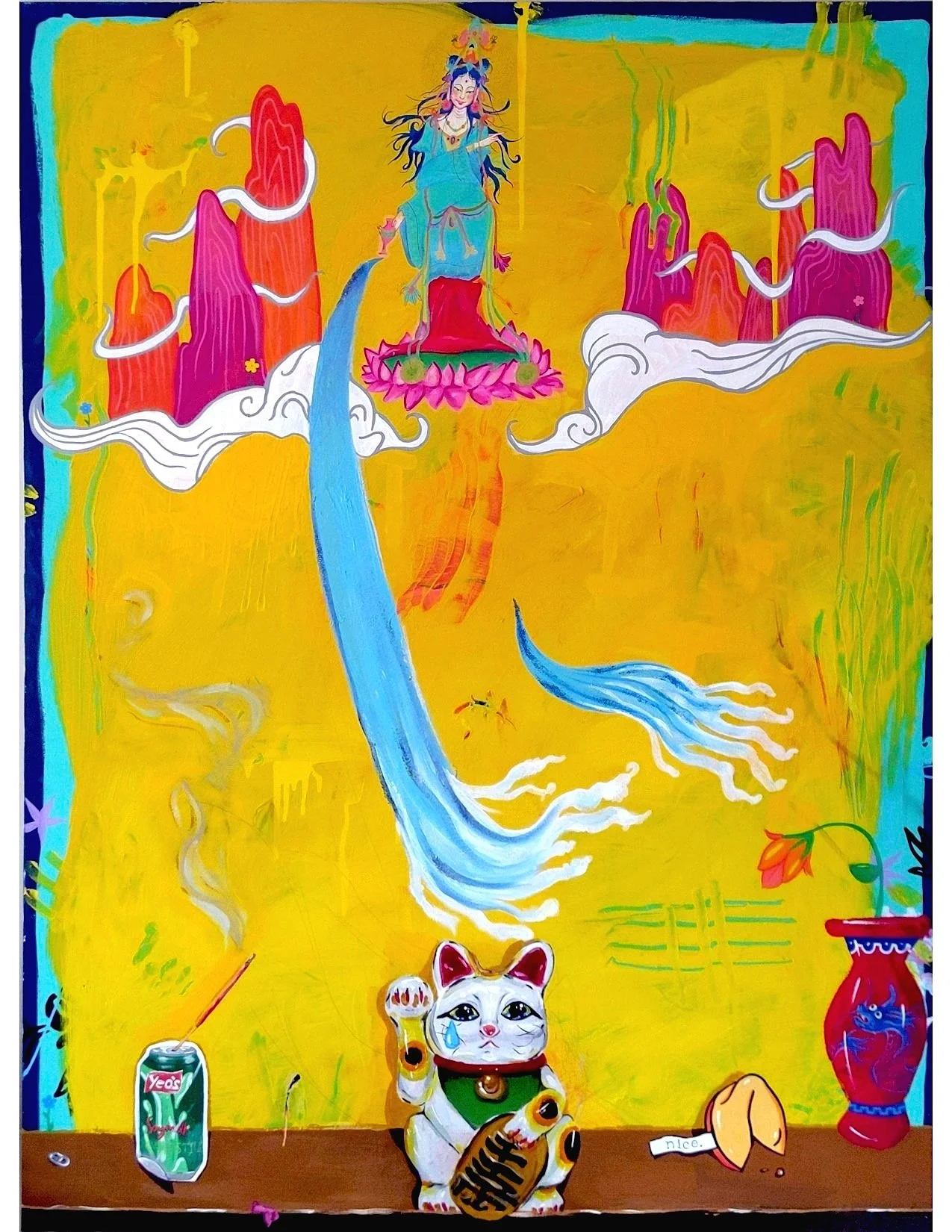 Guanyin, The Goddess of Mercy and Compassion, Pouring Water onto an Unlucky Lucky Cat. Acrylic, oil, and glitter on canvas, 5 x 4 ft.
