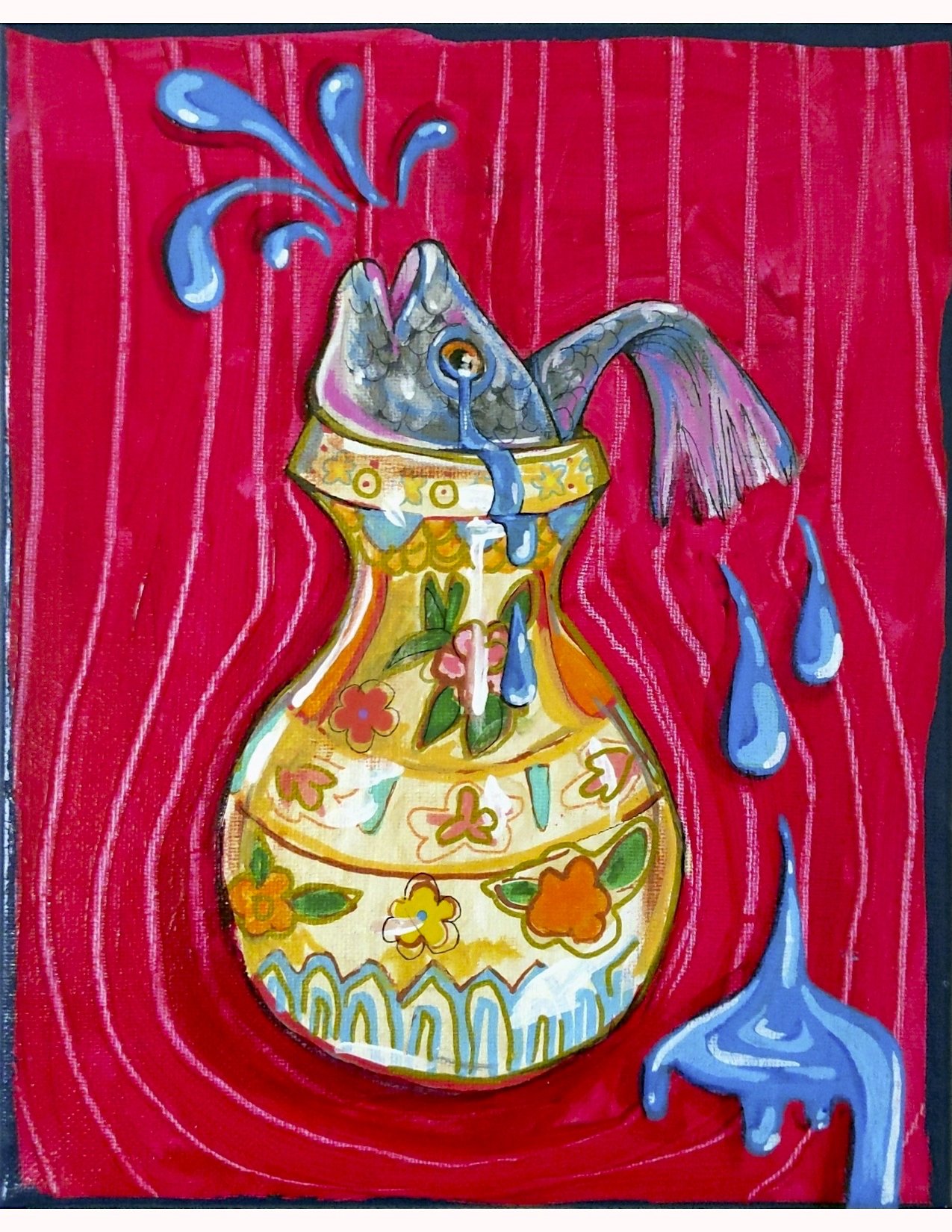 Weeping Tilapia Scraps Presented in an Exceptional Cloisonné Vase. Acrylic on canvas, 8 x 10 in.
