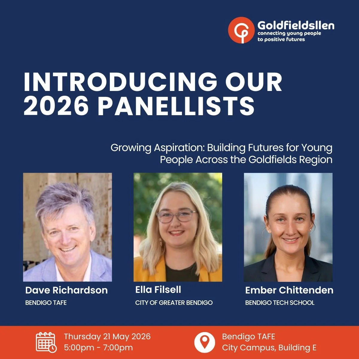 Tomorrow we bring together regional leaders for an important conversation on the future of our young people.

Join us for the Goldfields LLEN 2026 AGM and our panel on Growing Aspiration: Building Futures for Young People Across the Goldfields Region