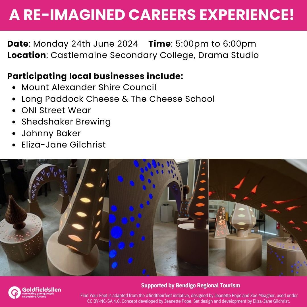 Calling students, parents and carers at Castlemaine Secondary College!
 
You are invited to a new type of careers event 🚀💡

Monday 24th June, CSC will be hosting Find Your Feet. Developed for students, parents and caregivers the event aims to inspi