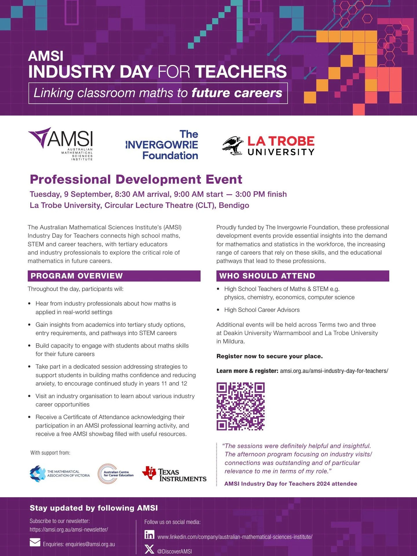 📣 AMSI&rsquo;s Industry Day is coming to Bendigo!

High school maths, STEM and careers teachers (especially those teaching out-of-field) are invited to attend this free professional development event on Tuesday 9 September, hosted at @latrobeunibend