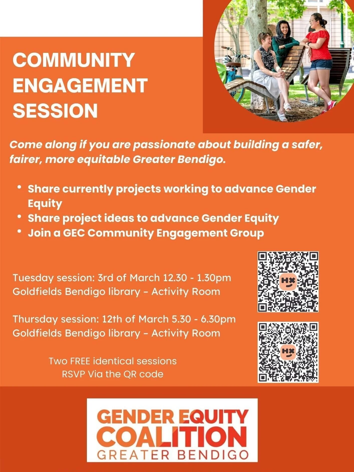 Interested in building a safer, fairer and more equitable Greater Bendigo?

The Gender Equity Coalition is hosting free Community Engagement Sessions and you&rsquo;re invited!

These sessions are a great chance to:

✨ Learn about current gender equit