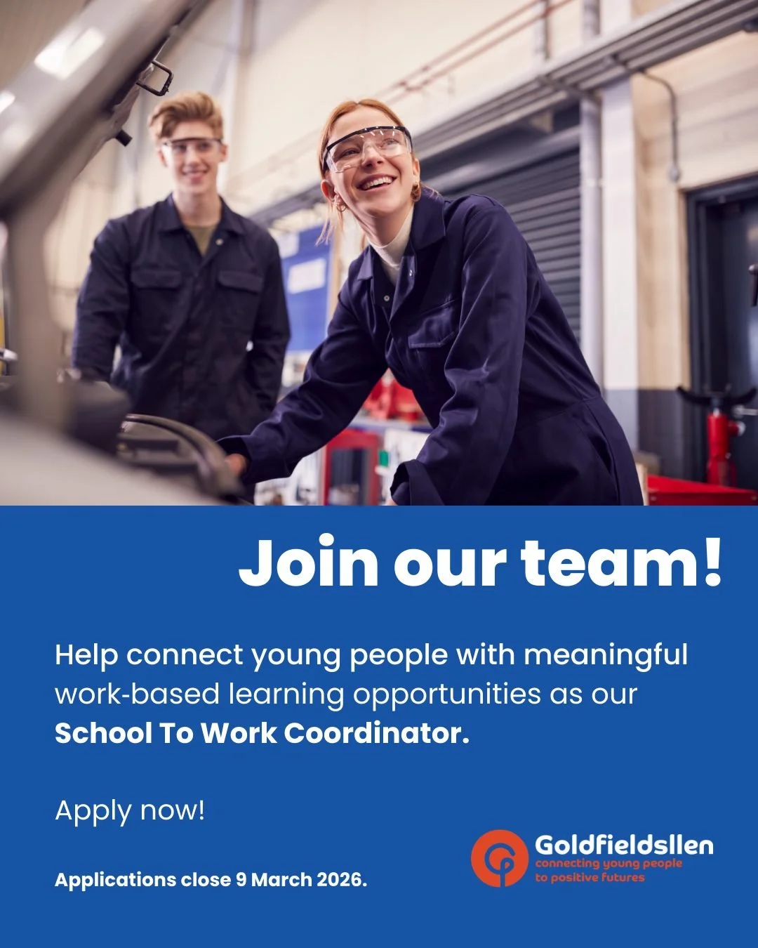 🚀 We&rsquo;re hiring! Join our team as a School to Work Coordinator!

Goldfields LLEN is looking for a highly organised, detail‑focused Coordinator to support student work‑based learning across Greater Bendigo, Mount Alexander and Central Goldfields