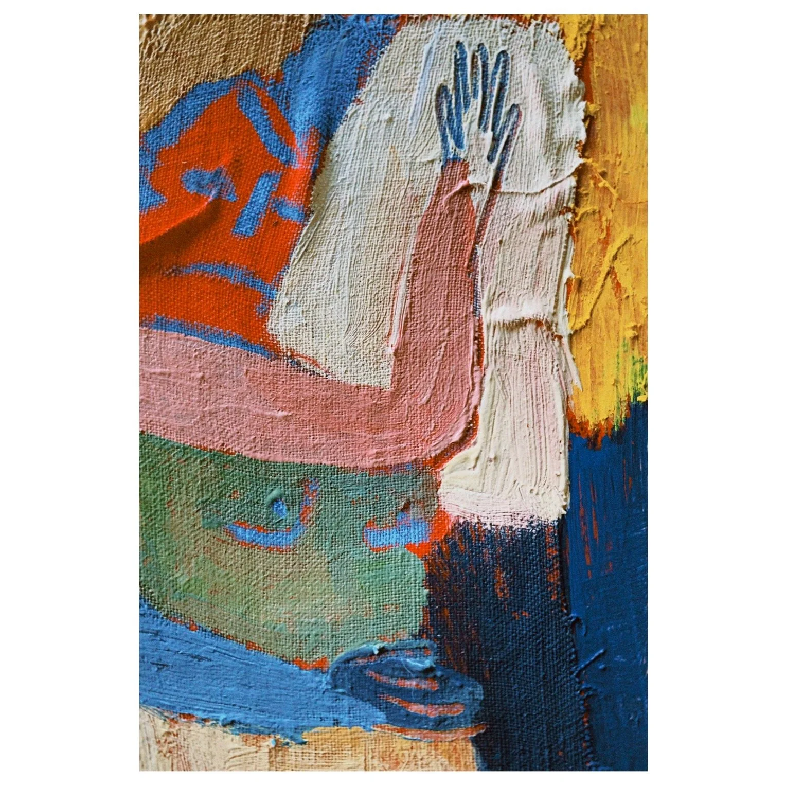 Close-up of an abstract painting featuring a person laying in bed, with bold brushstrokes and vibrant, unrealistic colors.
