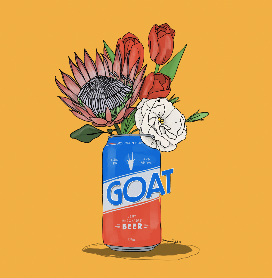 Goat beer illustration with protea, roses and tulips