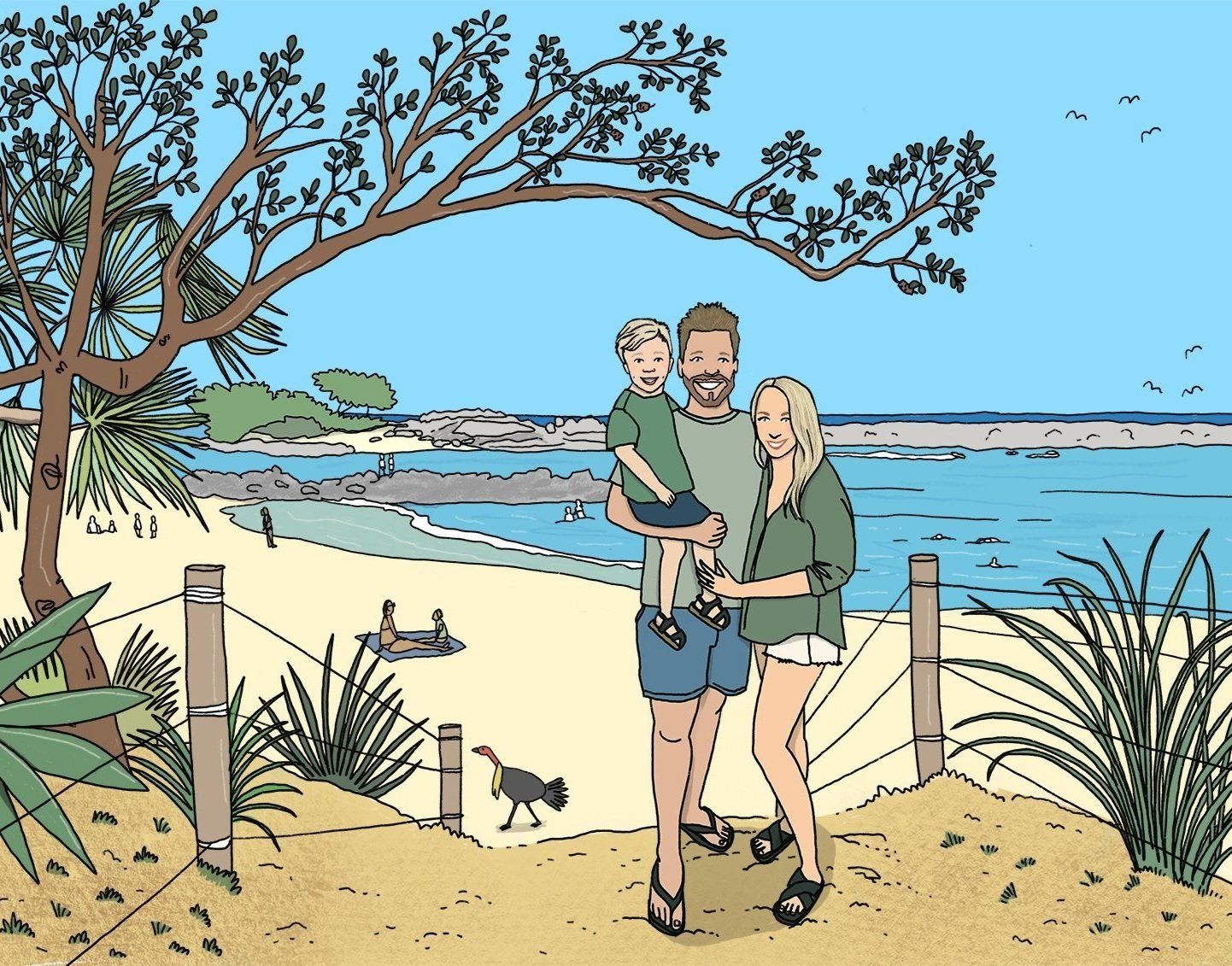 A hand drawn illustration of a family of three at the beach in Northern NSW. They are surrounded by tropical plants and trees, with the shoreline, ocean, and a few people in the background.