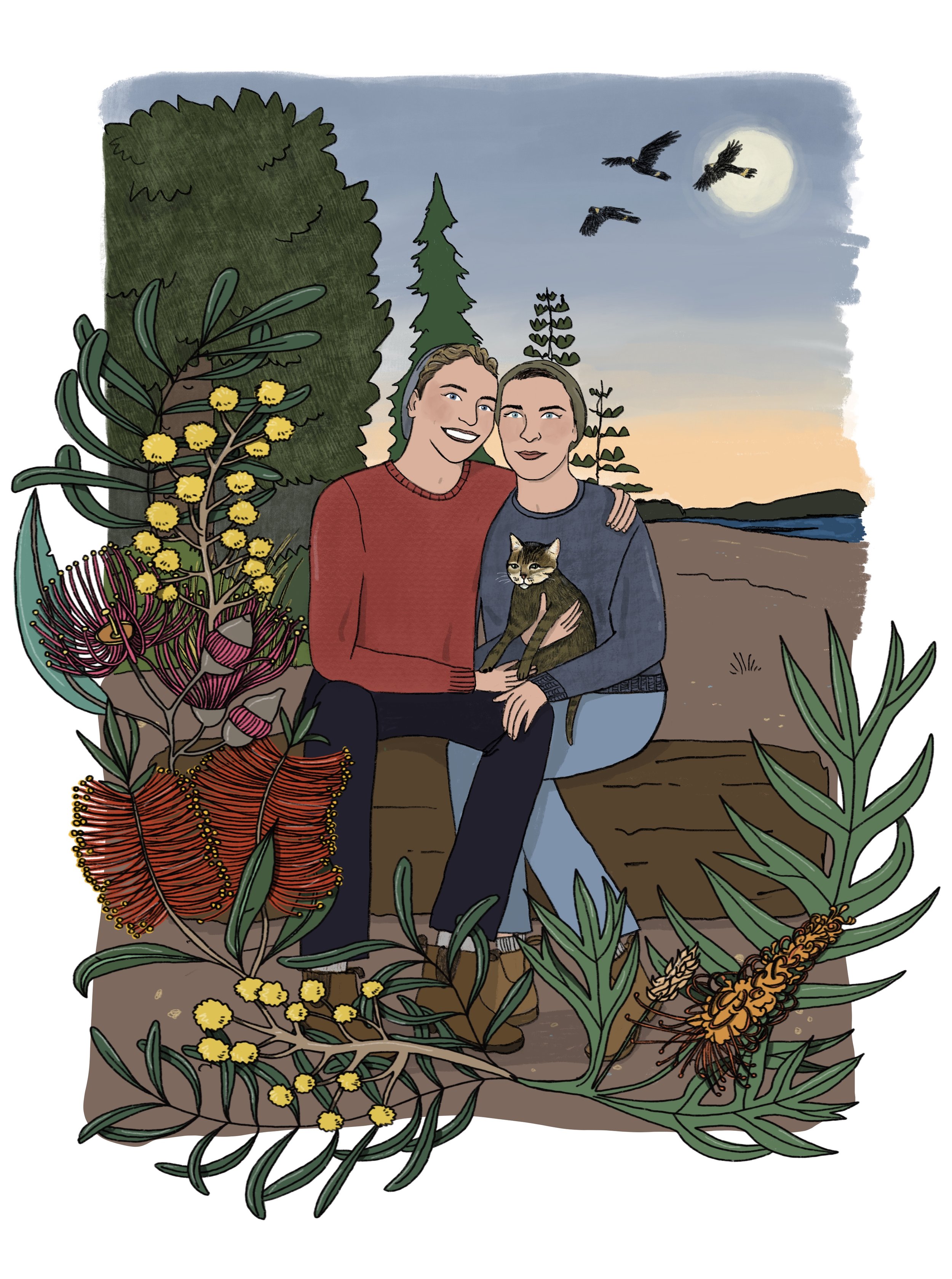 A hand drawn illustration of two women sitting outdoors at sunset, surrounded by lush plants and flowers, with a cat in one woman's arms, and birds flying in the sky near a bright moon.
