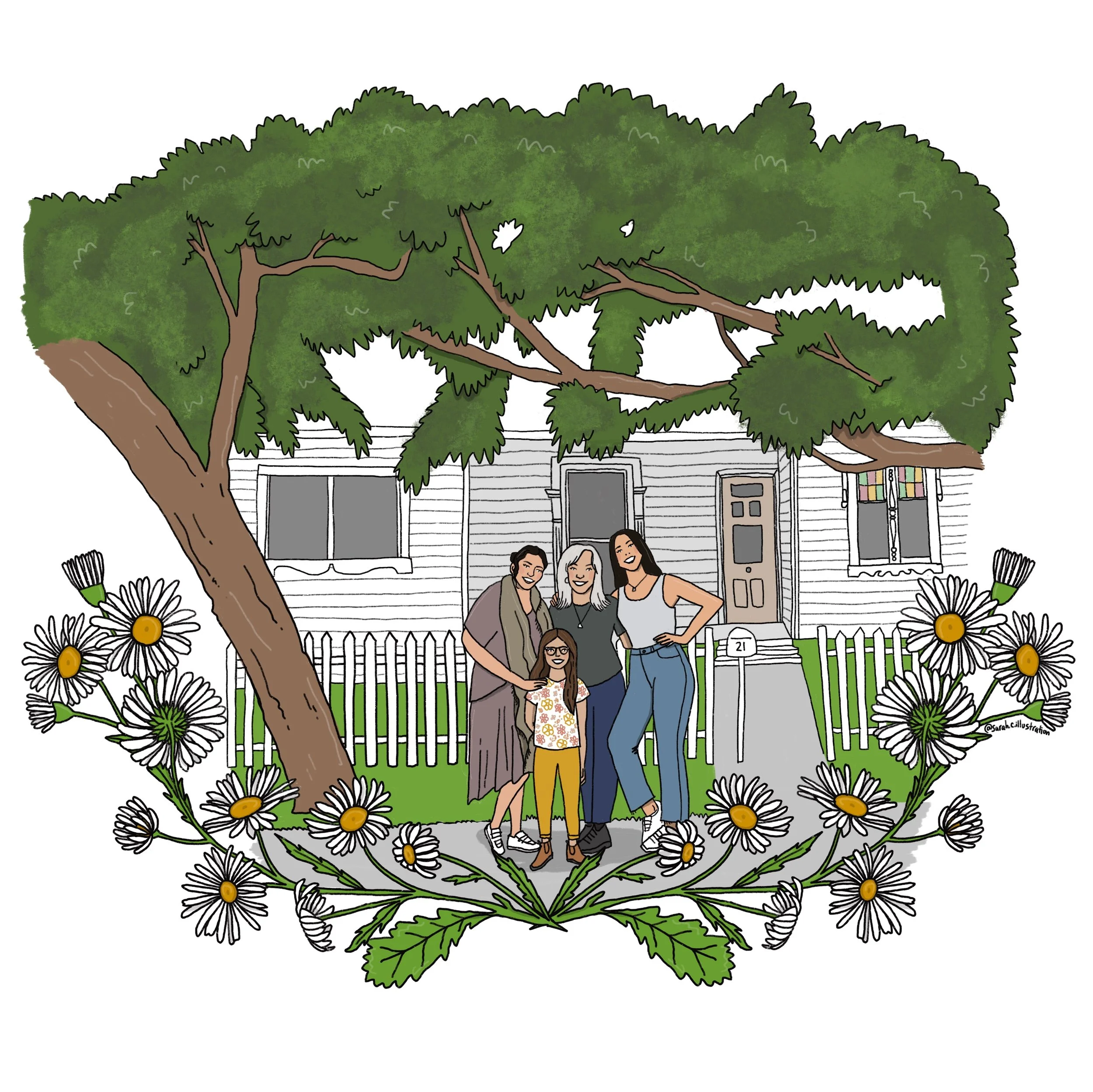 Family portrait home daisy chain custom illustration