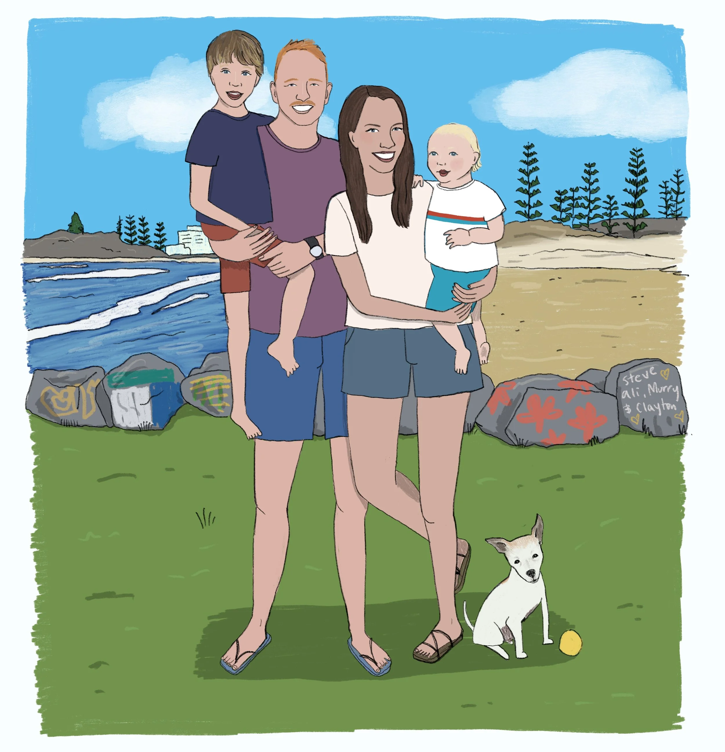 Custom family portrait illustration Port Macqaurie town Beach