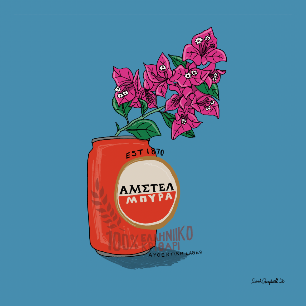 Alfa Greek beer with bougainvillea illustration 