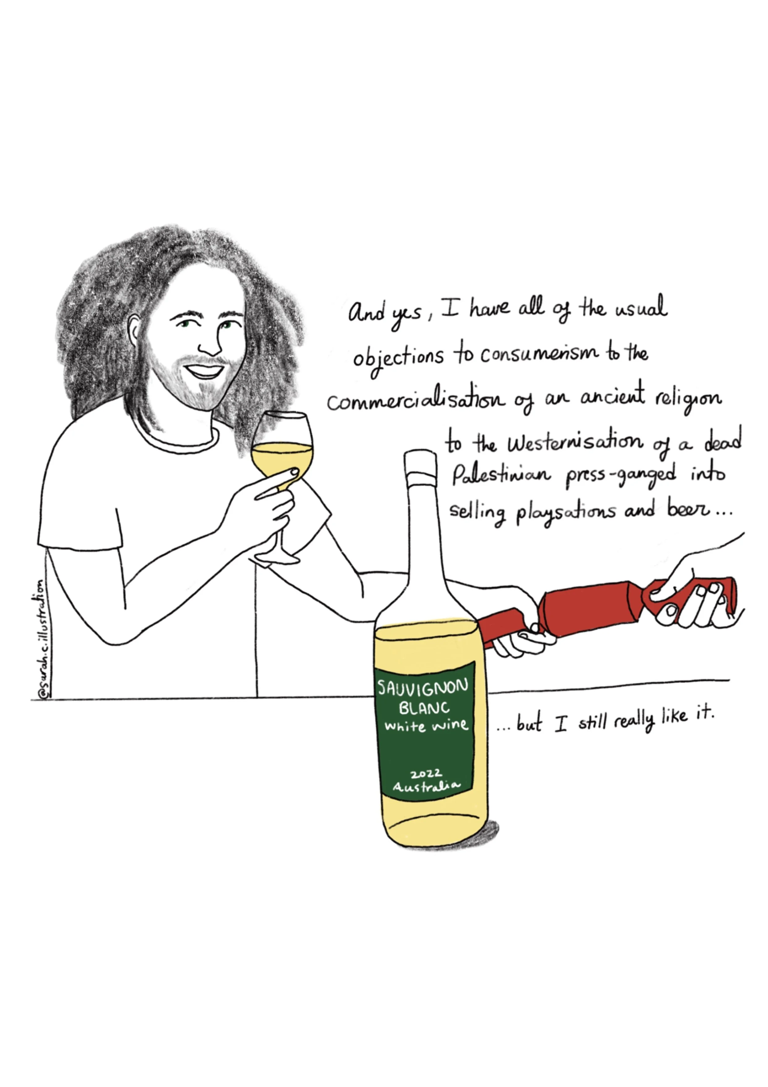 Illustrated Christmas Card Tim Minchkin White wine in the sun