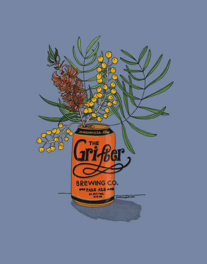 Grifter beer illustration with wattle and bottle brush
