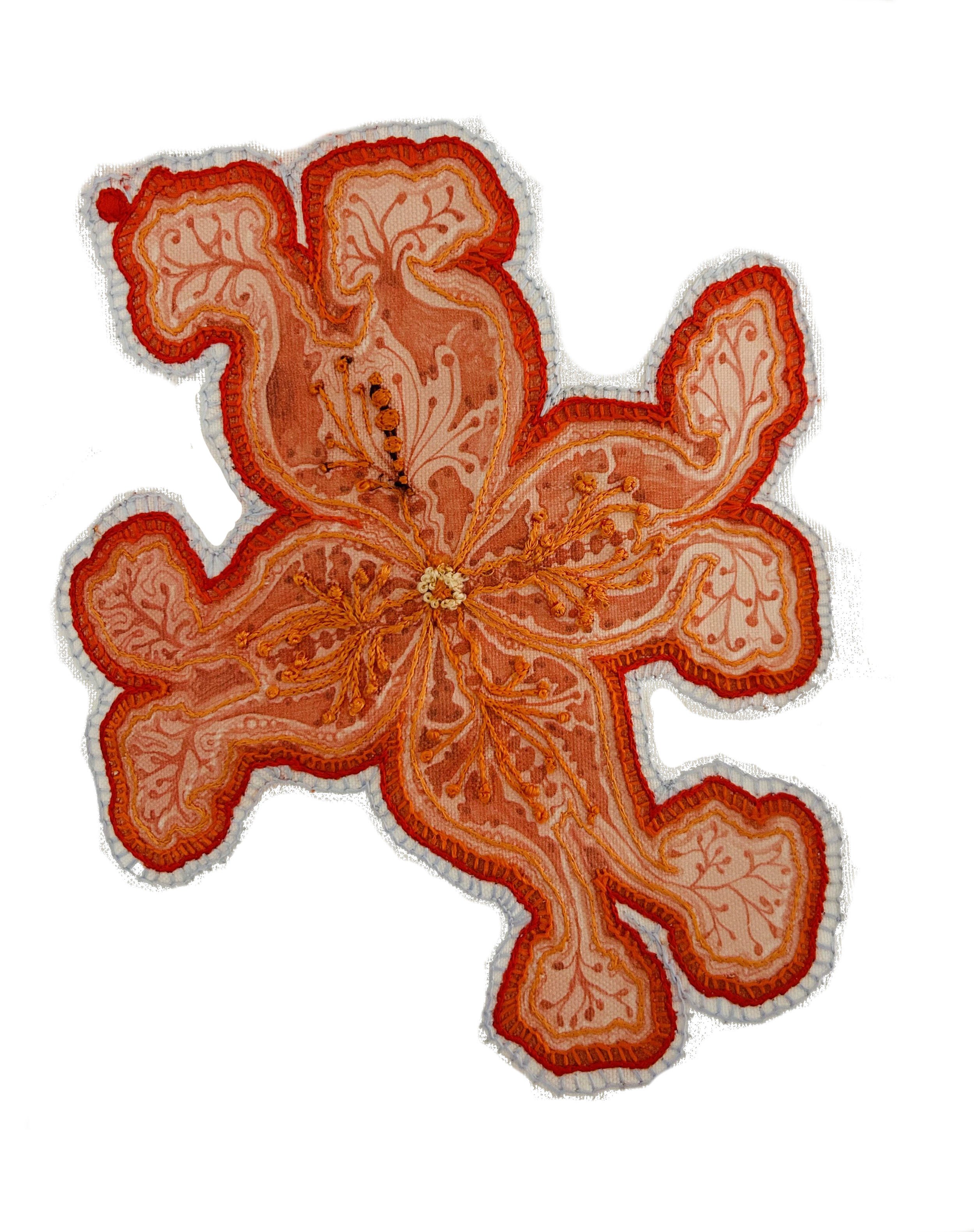 Close-up of an embroidered orange lily flower with detailed petal and stamen designs on a black background.