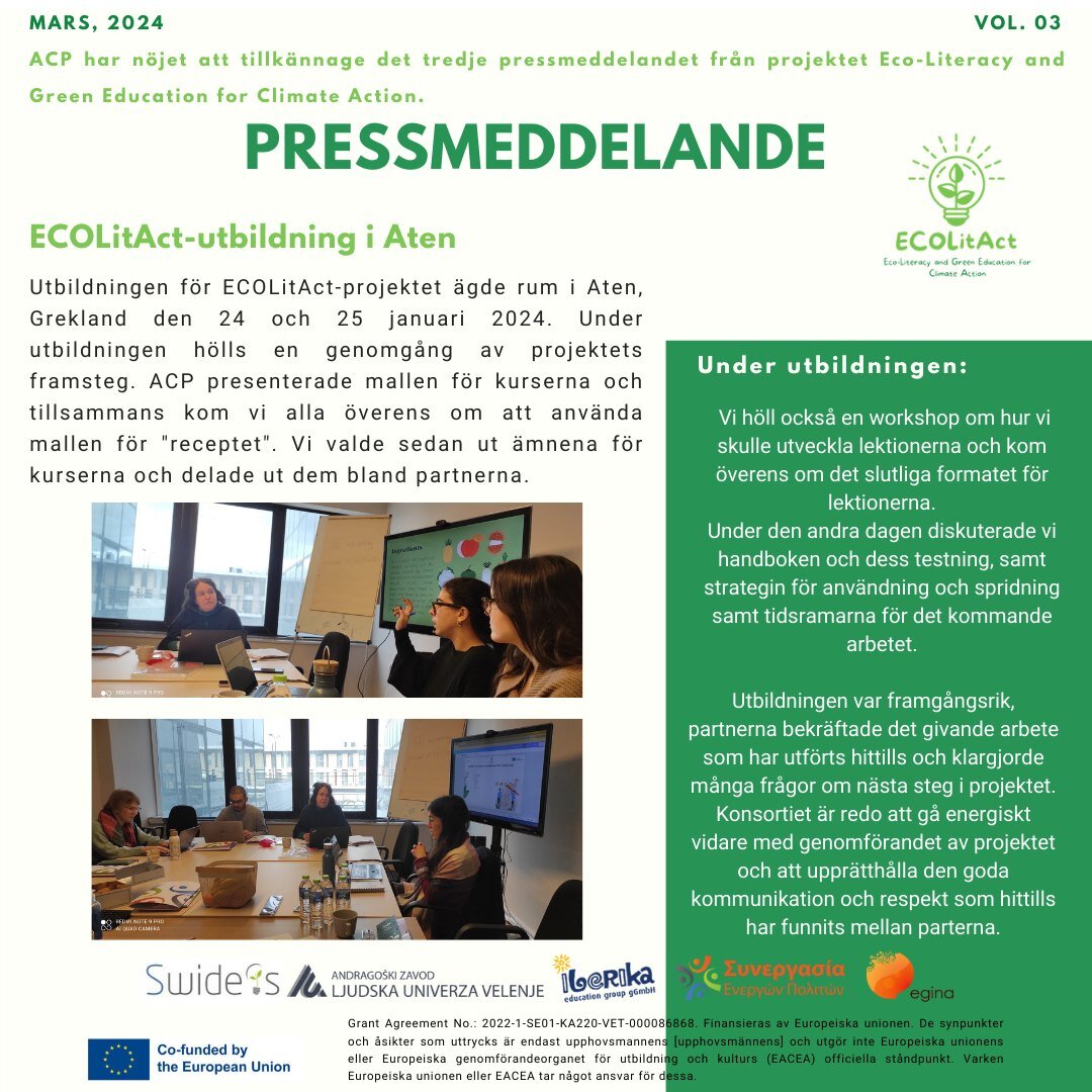 The ECOLitAct Consortium is happy to share important updates in our project!

After meeting in January in Athens, Greece, the partners have started the work to develop a total of six lessons which will include the unique ECOLitAct educational resourc