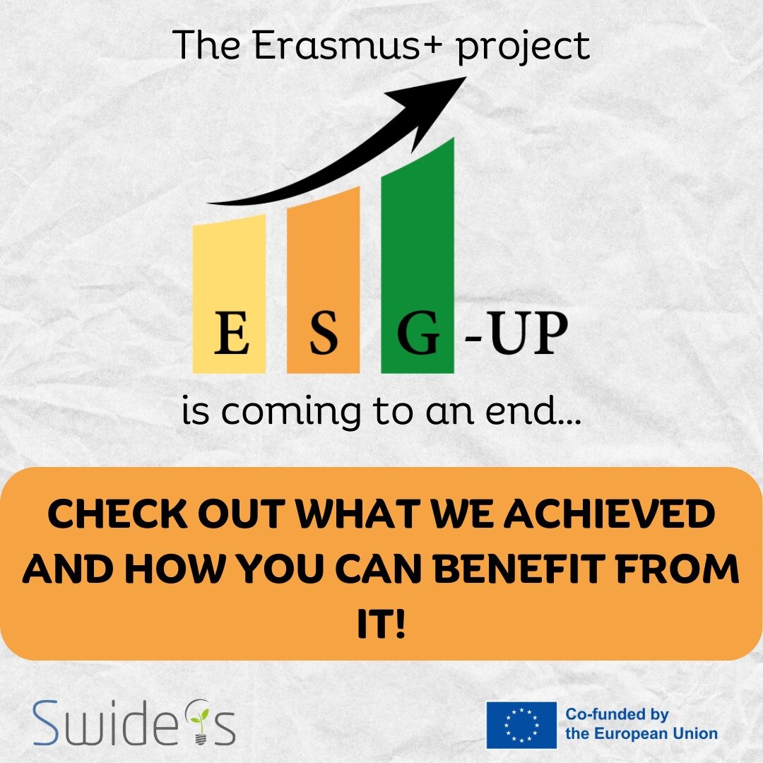 The ESG-UP project is coming to an end and we are happy to share what we achieved and all the #learningmaterials we developed to support #SMEs on their paths towards understanding #ESG  and adopting #sustainabilitypractices.

Whether you are an SME, 