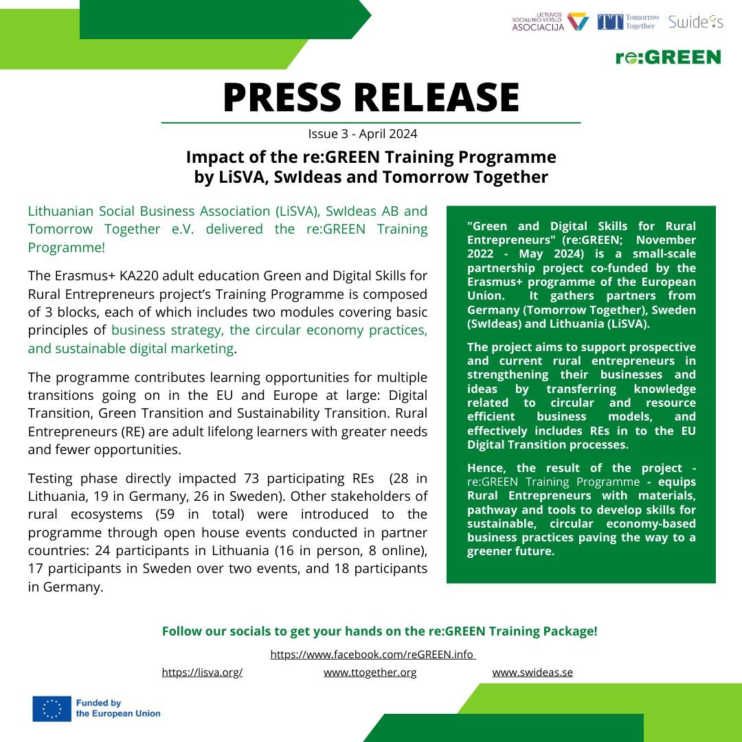 🌿The re:GREEN Project has come to its end 🌿
But, before we wrap up this incredible project, we have a final press-release to share!

re:GREEN's final press-release outlines the last activities of the project, including the results of the testing ph