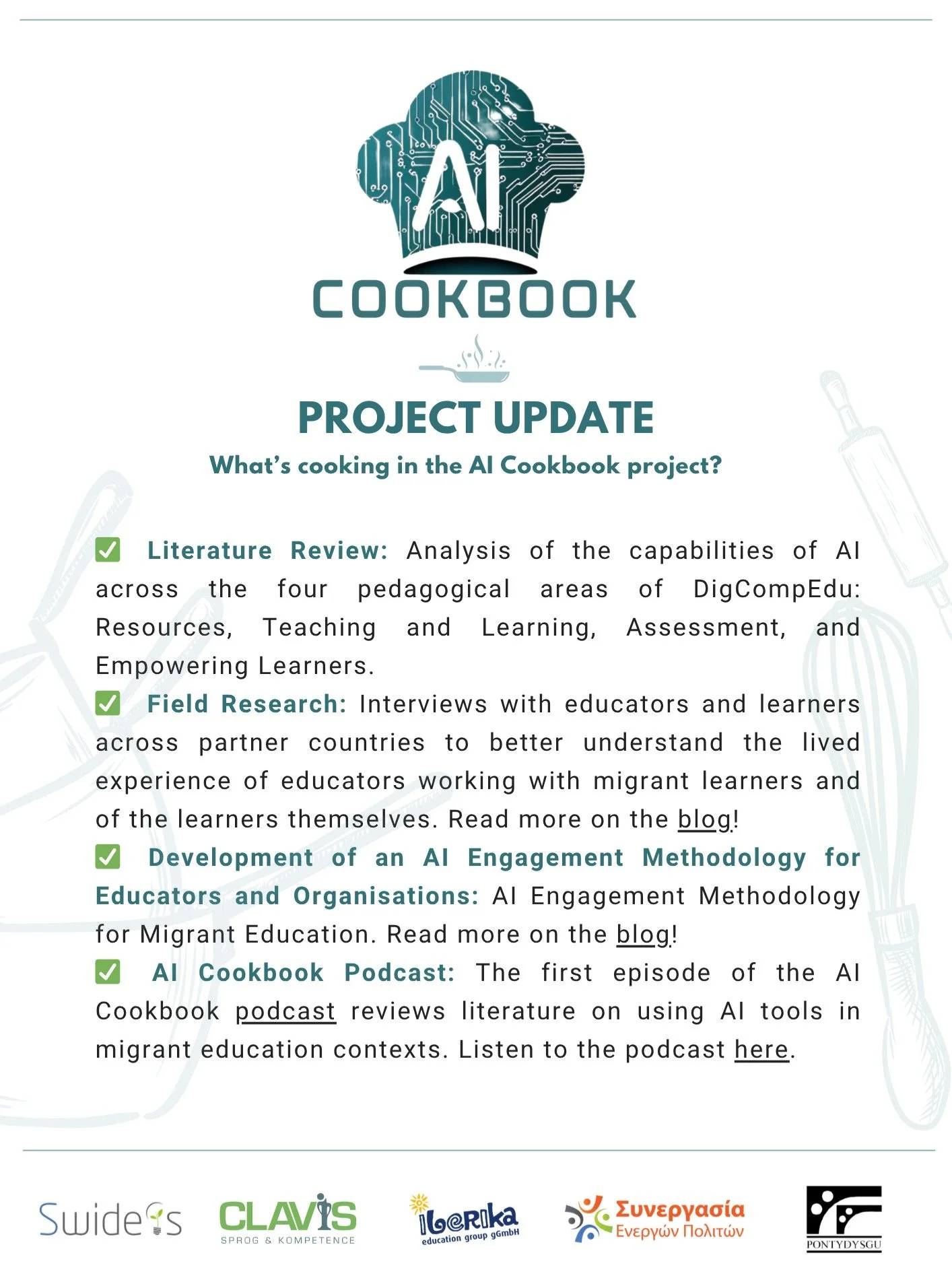The AI CookBook is an innovative initiative designed to empower adult educators working with migrant learners by providing them with practical and accessible AI-based teaching strategies. The primary goal of the AI CookBook is to equip educators with
