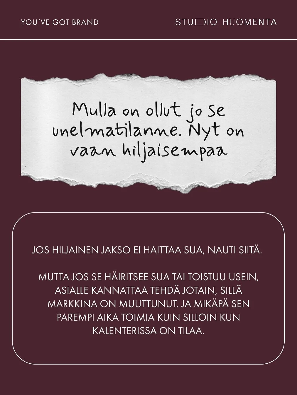 Sulje silm&auml;si ja ajattele sun tilannetta 3&ndash;6 kk sitten.

Onko moni asia sun ty&ouml;arjessa muuttunut sittemmin?

Vai olitko kes&auml;ll&auml; vakuuttunut ett&auml; laitat kaikki asiat kuntoon syksyll&auml;, ja t&auml;ss&auml; sit&auml; ol