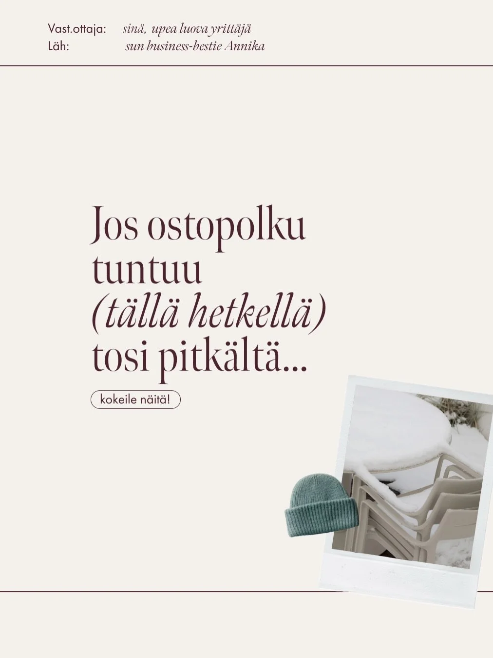 Todellakin uuvuttaa vakuutella ihanneasiakasta pitk&auml;&auml;n, kun tied&auml;t ett&auml; sun palvelu 100% ratkaisisi heid&auml;n ongelman, s&auml;&auml;st&auml;isi heilt&auml; aikaa (&amp;/= rahaa) ja olisi arvokas kokemus. 

Hyv&auml; uutinen on,