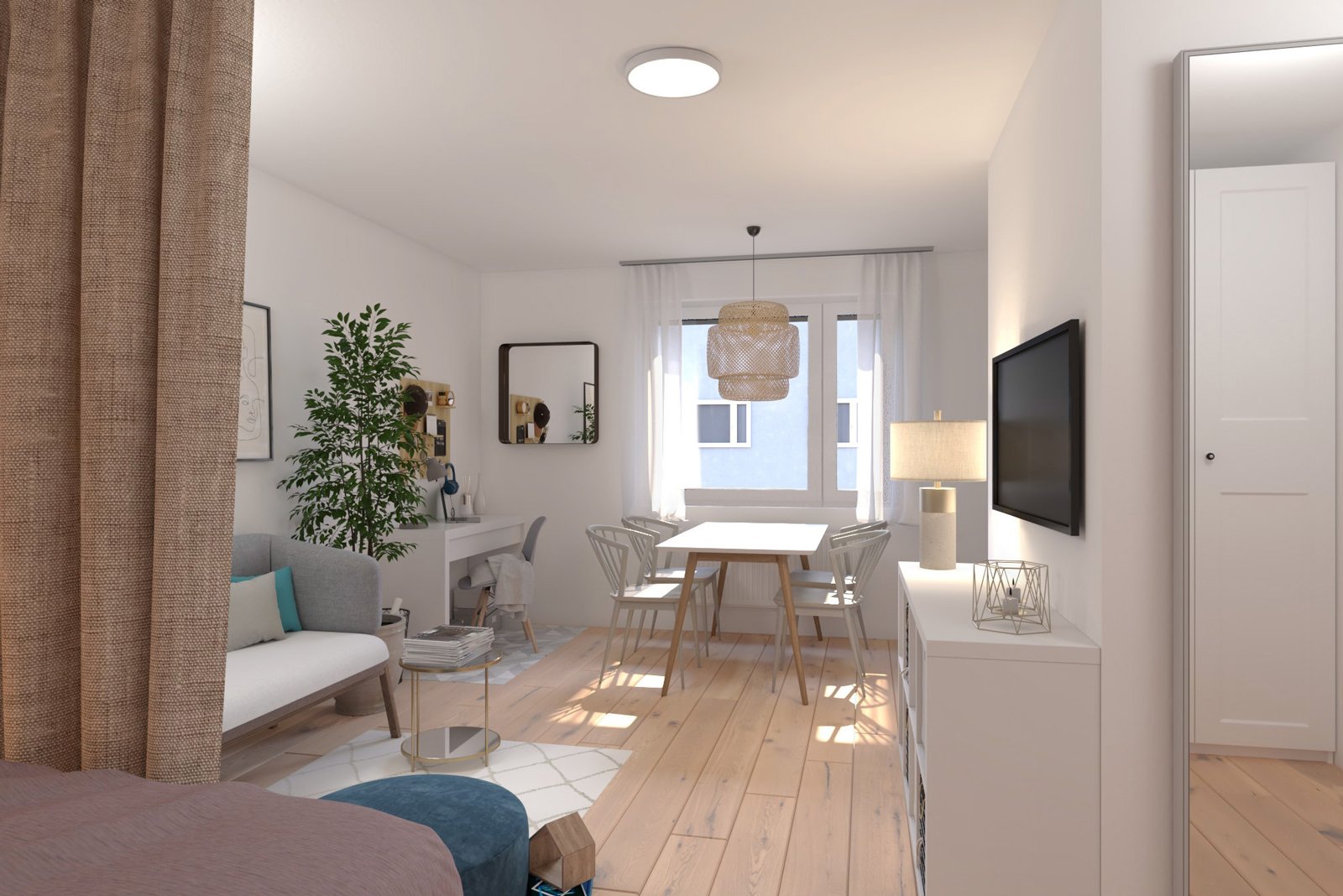 Innenansicht eines modernen, hellen Wohnzimmers mit Holzfußboden, einem Esstisch und Stühlen, einem Sofa, einem Fernseher an der Wand, Dekorationen und einem großen Fenster. Die Einrichtung wirkt minimalistisch und freundlich.