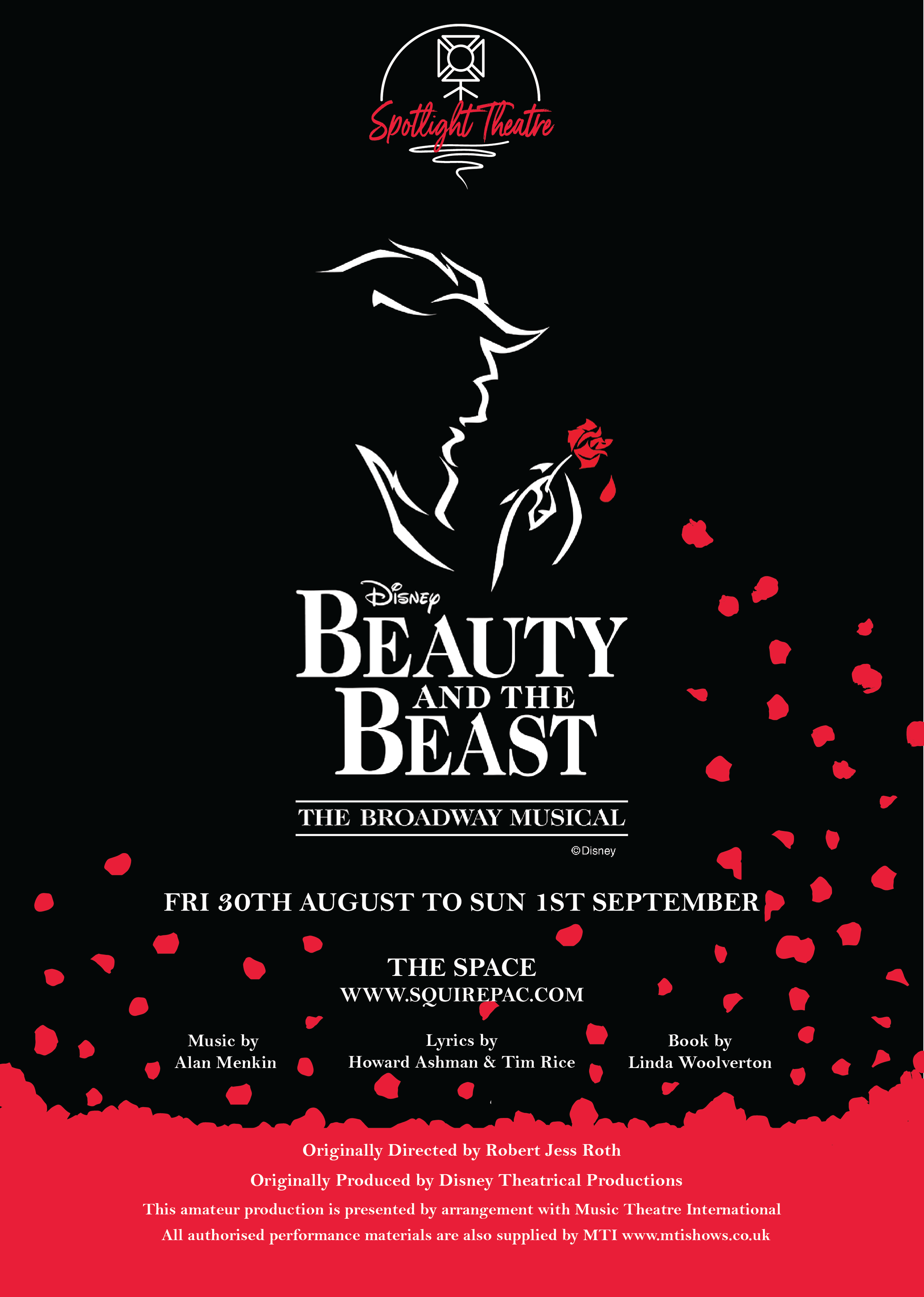 Poster for Disney's Beauty and the Beast the Broadway Musical, with a black background, red rose petals, and white text. It features a minimalist line drawing of a woman's profile holding a rose, and information about the show dates and production details.