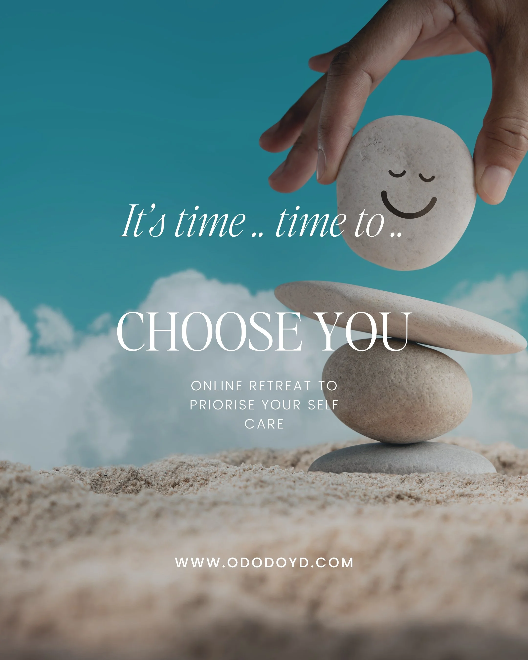 Hand stacking smooth stones with a cheerful face drawn on the top stone, set against a blue sky with clouds, promoting a self-care retreat.