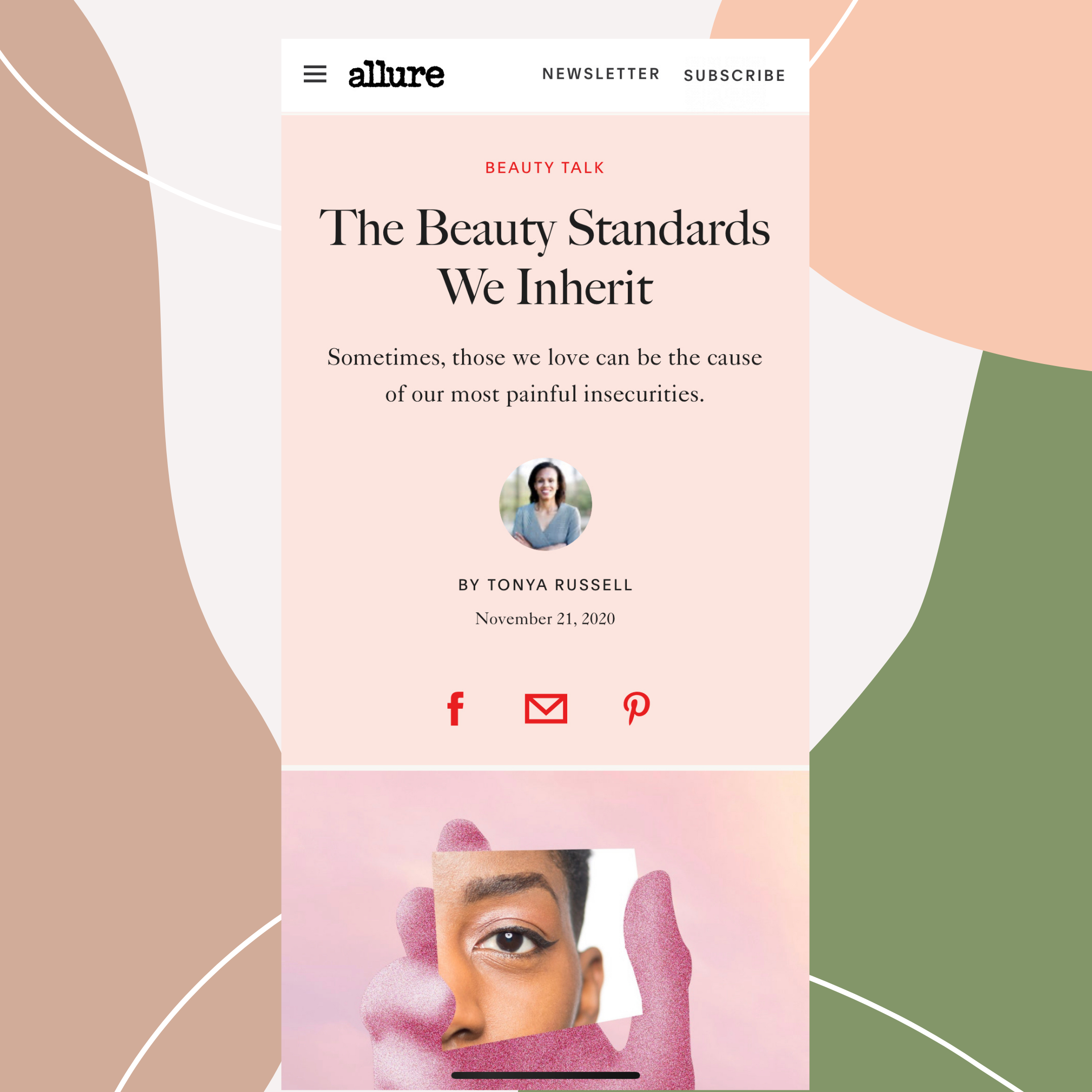 Screenshot of an article titled "The Beauty Standards We Inherit" on Allure, with a pink background and social media icons, and an image of a woman with makeup, holding a mirror.