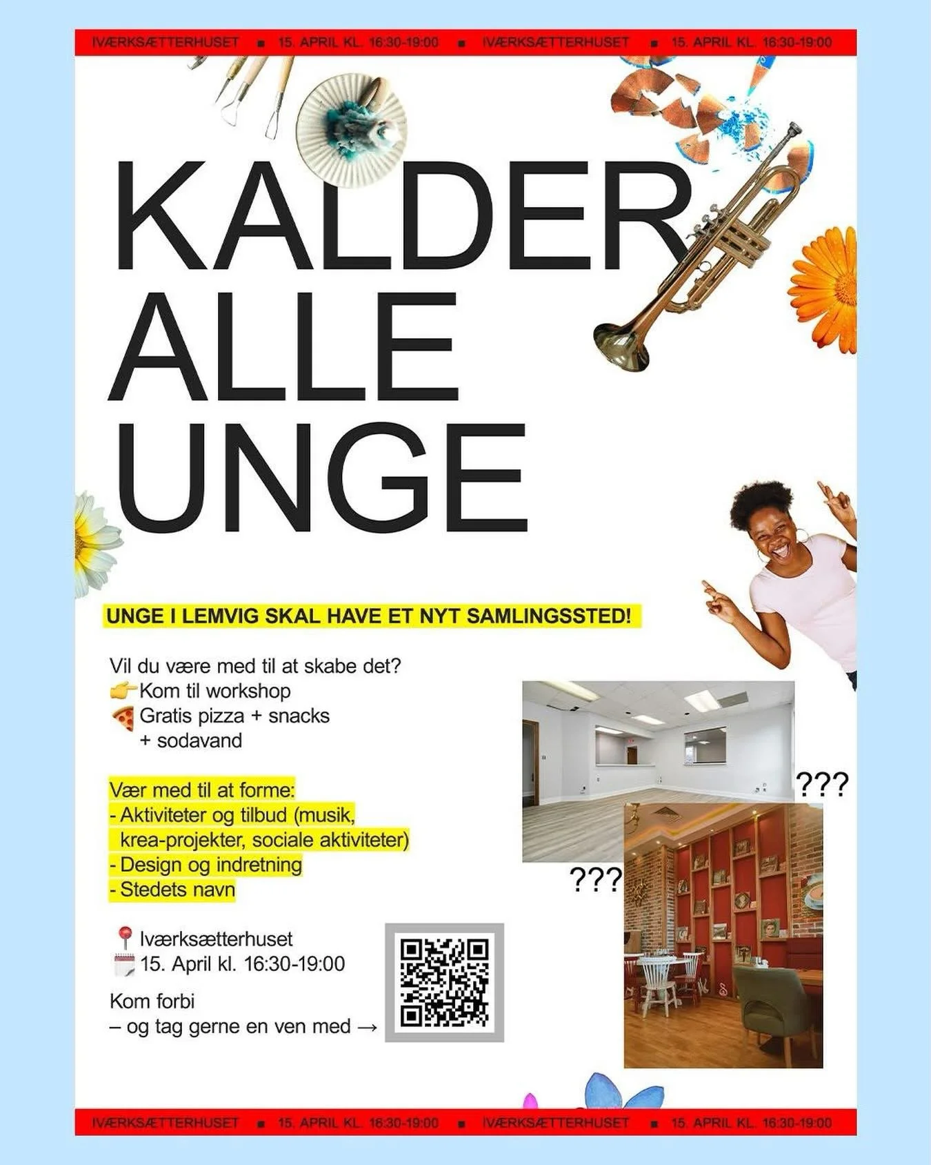 Er du ung og mangler et kreativt samlingssted, s&aring; m&oslash;d frem og v&aelig;r med til at give Iv&aelig;rks&aelig;tterhuset endnu mere v&aelig;rdi for unge. Kreativitet og iv&aelig;rks&aelig;tteri💪

S&aring; tag en ven med til gratis pizza til