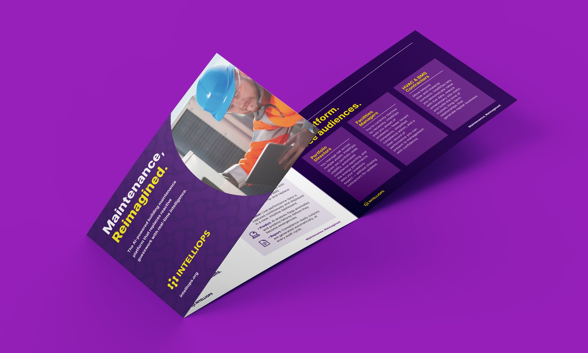 IntelliOps brochure design showcasing AI HVAC platform features and brand identity