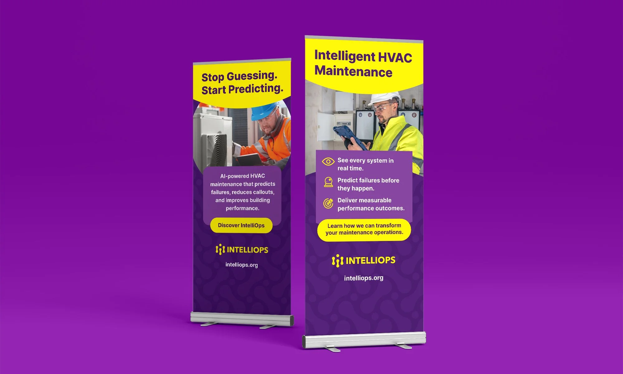 IntelliOps exhibition banners promoting AI HVAC maintenance platform and key benefits