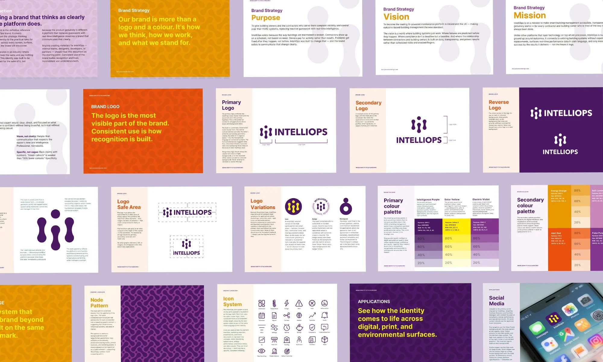 IntelliOps brand guidelines showing logo usage, typography, colour system, and layouts